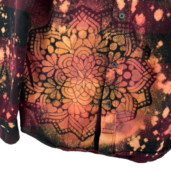 Handmade Flannel Shirt Womens XS Boho Stencil Bleached Upcycled Button Down Red - Picture 5 of 9